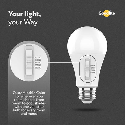 Goodlite A19 LED Bulb, 5 Color Selectable 3000K-3500K-4100K-5000K-6500K, 1100 Lumens, 12W (75W Equivalent), High CRI, 5% Dimmable, UL Listed, Enclosed Fixtures & Damp Rated, 15,000 Hrs. 25pk (G-10882)