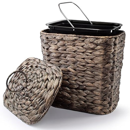 Tidita Wicker Waste Basket - Wicker Trash Can with Lid - Water Hyacinth Bathroom Garbage Can with a Lid - Bathroom Trash Can Boho Style - Removable Liner, Iron Frame (Black, 1.5 Gallons)