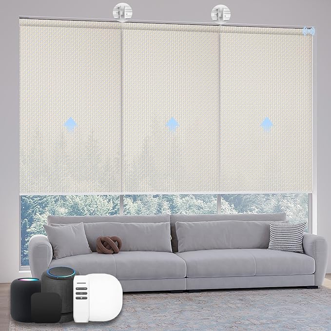 Motorized Coupled Shades, Falme Resistant Smart Solar Shades for Large Windows Automatic Blinds Compatible with Alexa, Electric Roller Blinds Customized for Home Office(3% Openness Beige)