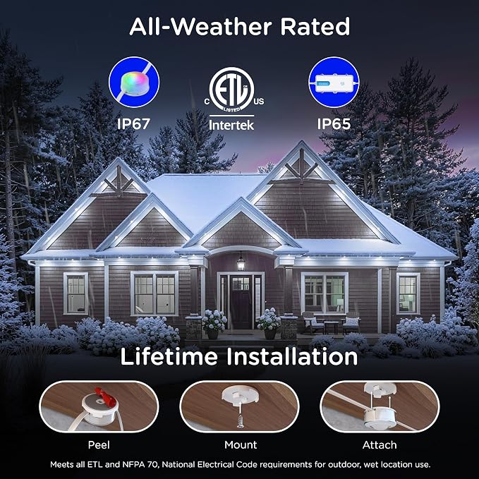Enbrighten Accent Permanent Outdoor Lights, 100ft, 24 Lights, Smart | White Cord, RGBWIC LEDs, Weatherproof, Cuttable, Link to 200ft, Christmas, App Control, Works with Alexa & Google Home