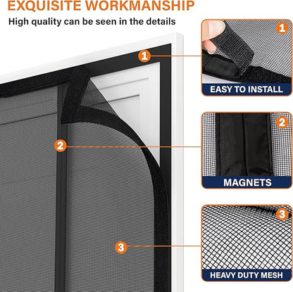 Double Door Fiberglass Magnetic Screen Door，Screen Door Mesh，Keep Bugs Out, Heavy-Duty Mesh Curtain,Pet and Kid Friendly, Works with Front Doors, Sliding Doors（74x80 Inch