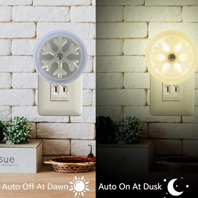 Smart LED Night Light [2-Pack], Plug-in with Auto Dusk to Dawn Sensor | Dimmable, Energy Efficient, Compact Wall Lights for Bedroom, Bathroom, Hallway, Kitchen (Snowflake Warm Light, 2)