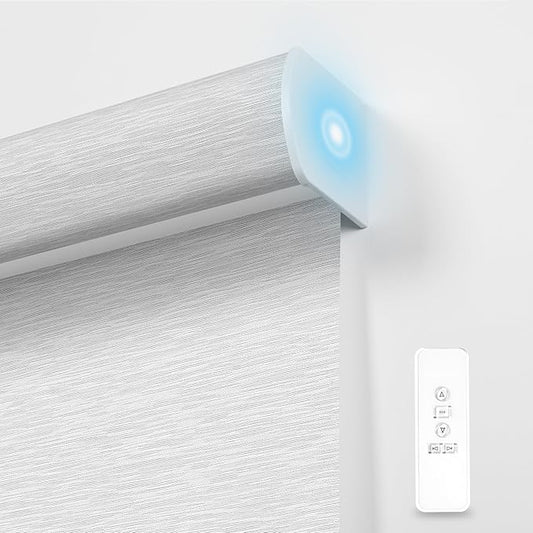 BERISSA Motorized Blinds with Remote,Blackout Smart Blinds for Windows,Jacquard Fabric,Remote Control,Thermal Insulated Automatic Blinds,Electric Blinds with USB/Solar Pannel.Maze White