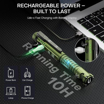 EDC Flashlight Rechargeable,800 Lumen Small Flashlight with Magnetic Clip & Base, 11 Modes LED Flashlight,Glass Breaker&Bottle Opener, USB-C Flashlight for Working,Home and Emergency