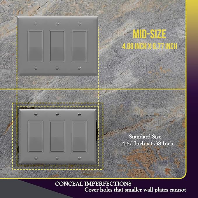 ENERLITES Triple Decorator Switch Cover, Three Gang Outlet Wall Plate, Gloss Finish, Mid-Size 3-Gang 4.88" x 6.77", Unbreakable Polycarbonate Thermoplastic, UL Listed, 8833M-GY, Gray
