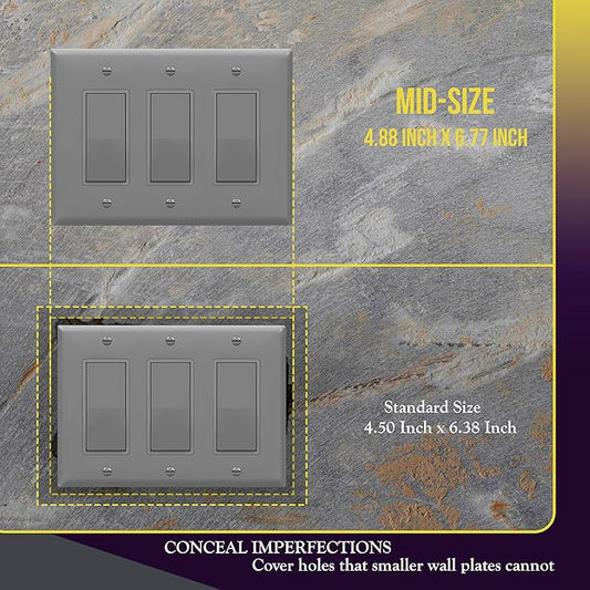 ENERLITES Triple Decorator Switch Cover, Three Gang Outlet Wall Plate, Gloss Finish, Mid-Size 3-Gang 4.88" x 6.77", Unbreakable Polycarbonate Thermoplastic, UL Listed, 8833M-GY, Gray