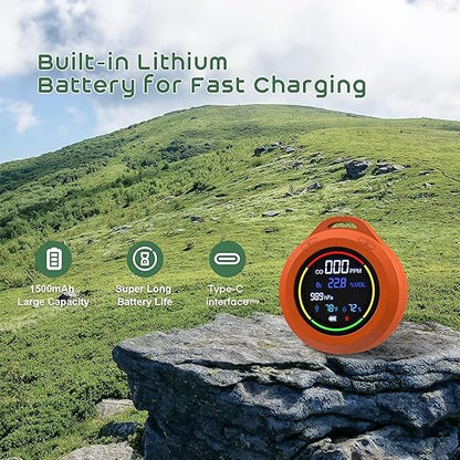Oxygen Detector, SQECH 5-in-1 Rechargeable Oxygen Monitor Measures CO/O2/Temperature/Humidity/Atmospheric Pressure, Portable Oxygen Meter with Alarm & Color Backlight, for Home, Camping, RV, Travel