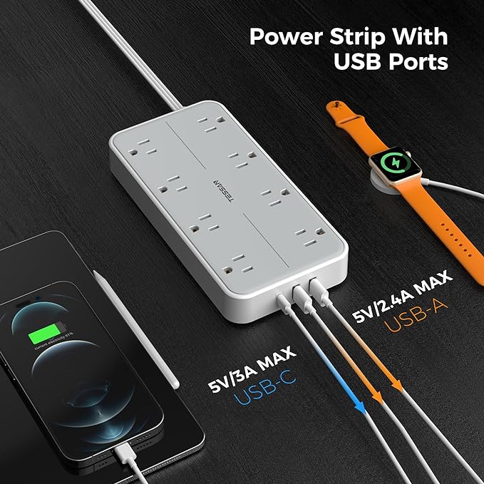 TESSAN Power Strip Surge Protector, 15FT Flat Plug Extension Cord