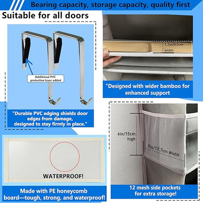 over the door organizer, Solid Bamboo Board (Not Plastic!) 6-Tier Heavy Duty 75LB, 12 Side Pockets, 3 Reinforced Hooks & Anti-Slip Pads, Waterproof & Washable, No Sagging, No Door Damage,Grey