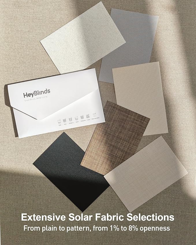 HeyBlinds Motorized Solar Shades with Remote, Light Filtering Mesh Roller Shades, Flame Retardant Smart Blinds, UV Blocking, Alexa Google HomeKit Compatible (Solar Shades Fabric Samples)