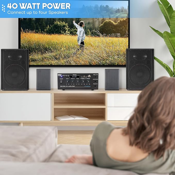 Pyle Compact Mini Home Power Amplifier - 40W Smart Small Audio Stereo Receiver w/AUX, 2 Microphone in, COM/8-Ohm/25V/70V Speakers, LED, Input Selector, for PA, Amplified Speaker Sound System PCM20A.5 | COM/8-Ohm/25V/70V Connect, LED Display - PCM20A.5