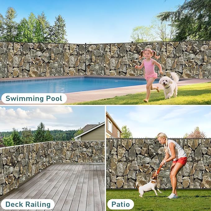 Shade&Beyond 4' X 16' Privacy Fence Screen Customized 450 GSM PVC Printed Privacy Fence with Zip Ties for Courtyards, Pools, Balconies-Stone