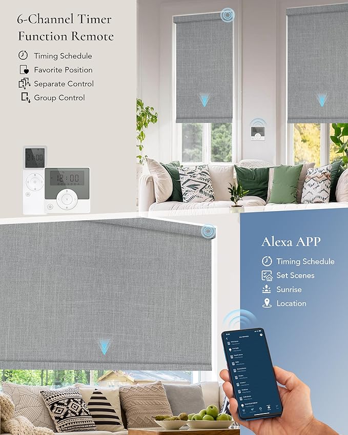 Motorized Blinds Compatible with Alexa Google 100% Blackout Smart Blind Automatic Window Roller Shades Remote Control Custom Size Double-Sided Fabric Light Gray