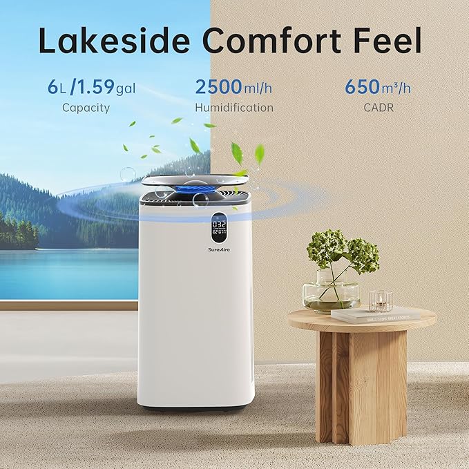 Humidifier and Air Purifier In One with Wheels for Bedroom, 6L Top Fill Evaporative No-White-Mist for Whole Home, Large Room Humidifier with Removable Tank & Dimmable Light, Easy Clean