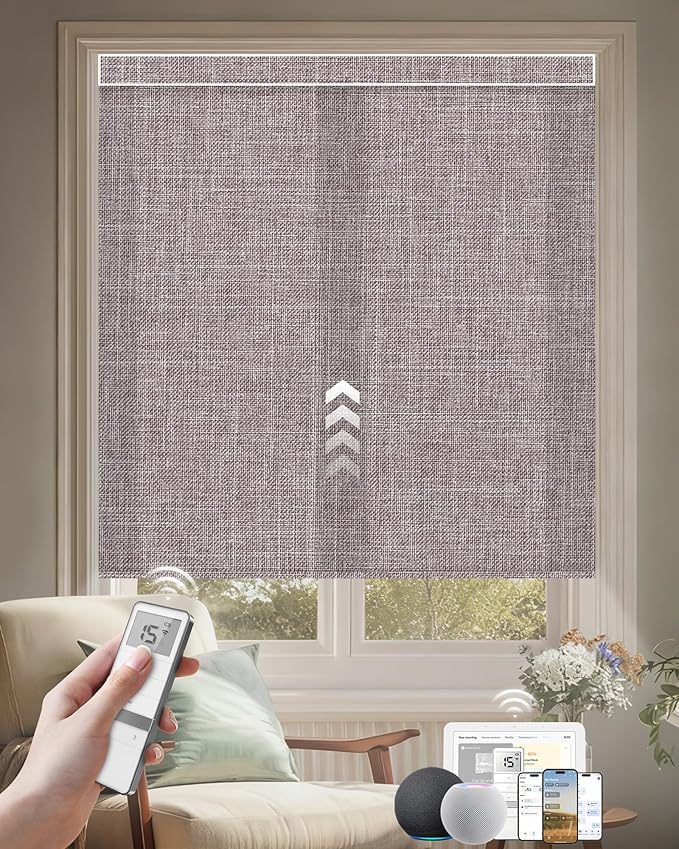 Kincmo Motorized Blinds with Remote, Light Filtering Roller Shades Work with Apple Homekit,Alexa,Google Home, Custom Electric Blinds with App,Voice Control (75% Blackout Meridian Oat)