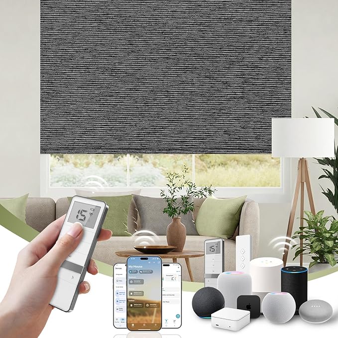 FineTell Motorized Blinds with Remote, 100% Blackout Roller Shades Work with Alexa,Apple Homekit,Google Home APP and Voice Control, Customized Electric Blinds (100% Blackout Eclipse Anchor Grey)