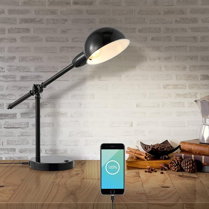 JONATHAN Y Curtis Task Lamp 20.25" Industrial Metal Adjustable USB, Black | Vintage Style, Dome Shade, LED Bulb Included, Perfect for Home Office or Nightstand