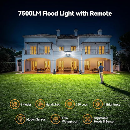 TECKNET 7500LM Motion Sensor Outdoor Lights, 150-LED 3-Head Security Light with Remote Control, 300°Wide Angle Flood Wall Lights with 4 Modes, IP66 Waterproof, Ideal for Garage, Patio, Yard