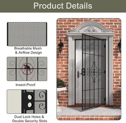 JUBEST 32 in. x 80 in. Security Screen Door, Reversible Powder Coated Black Surface Mount Outswing Steel Security Door with Expanded Metal Screen, Prehung Steel Exterior Doors, Durable&Safe