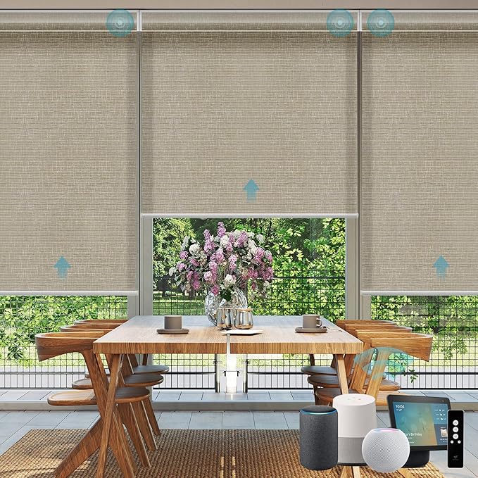 SmartWings Motorized Smart Blinds for Windows in Light Filtering, Electric Remote Roller Shades Compatible with Alexa/Google Home/Homekit, Custom Up to 110”W x 148”H, Safari Translucent Biscuit
