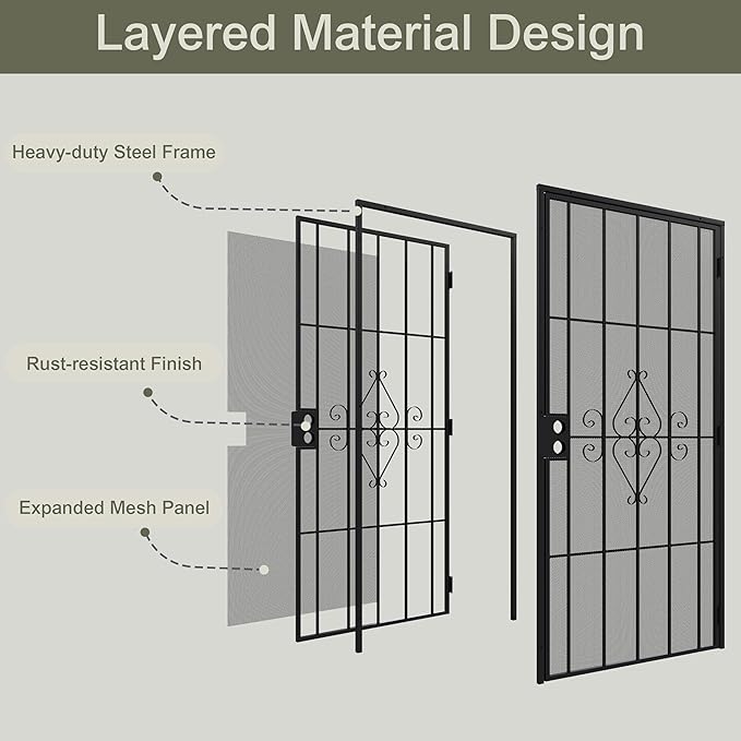 JUBEST 36 in. x 80 in. Security Screen Door, Reversible Powder Coated Black Surface Mount Outswing Steel Security Door with Expanded Metal Screen, Prehung Steel Exterior Doors, Durable&Safe