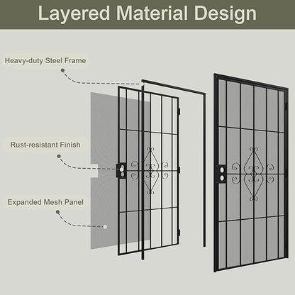 JUBEST 36 in. x 80 in. Security Screen Door, Reversible Powder Coated Black Surface Mount Outswing Steel Security Door with Expanded Metal Screen, Prehung Steel Exterior Doors, Durable&Safe