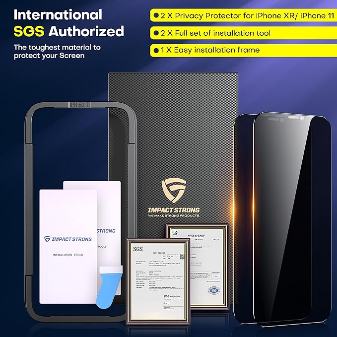 ImpactStrong Anti-Spy Privacy Screen Protector for iPhone 11 / iPhone XR (6.1-Inch), 9H Tempered Glass, Shatter-Resistant, Anti-Scratch, Easy Install Kit, Case Friendly, 2-Pack