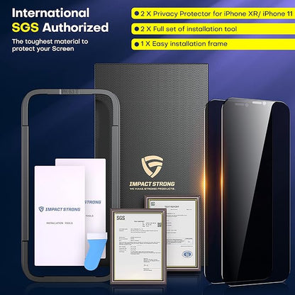 ImpactStrong Anti-Spy Privacy Screen Protector for iPhone 11 / iPhone XR (6.1-Inch), 9H Tempered Glass, Shatter-Resistant, Anti-Scratch, Easy Install Kit, Case Friendly, 2-Pack