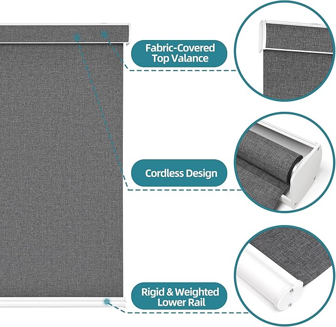 Changshade Custom Size Cordless Roller Shades with Valance, Blackout Roller Shades for Windows Roll-up Fabric Blinds with Thermal Insulated for French Door, Easy Installation Deep Grey