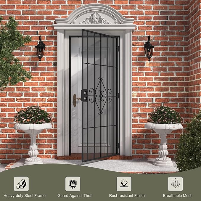 JUBEST 32 in. x 80 in. Security Screen Door, Reversible Powder Coated Black Surface Mount Outswing Steel Security Door with Expanded Metal Screen, Prehung Steel Exterior Doors, Durable&Safe