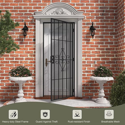 JUBEST 32 in. x 80 in. Security Screen Door, Reversible Powder Coated Black Surface Mount Outswing Steel Security Door with Expanded Metal Screen, Prehung Steel Exterior Doors, Durable&Safe