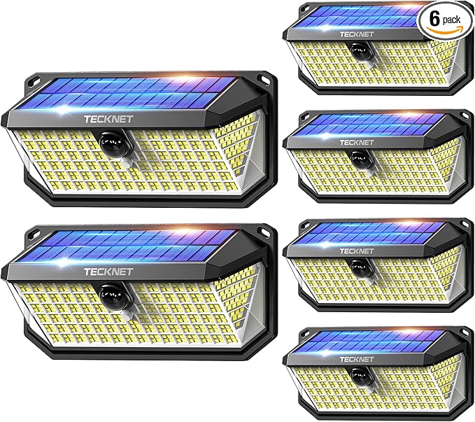 TECKNET 416 LED Solar Powered Outdoor Lights, 270° Angle & 3 Lighting Modes Motion Sensor Light Outdoor, Security Solar Lights Waterproof - 6 Pack