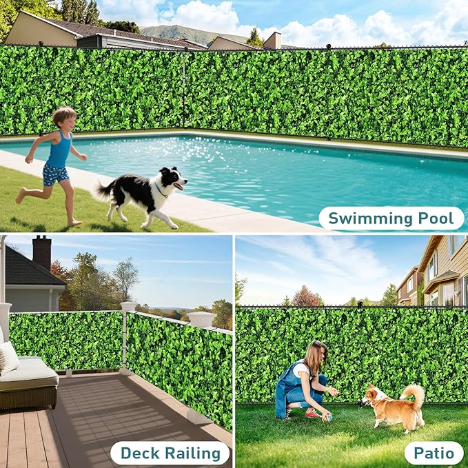 Shade&Beyond 4' X 6' Privacy Fence Screen Customized 450 GSM PVC Printed Privacy Fence with Zip Ties for Courtyards, Pools, Balconies-Green Leaves
