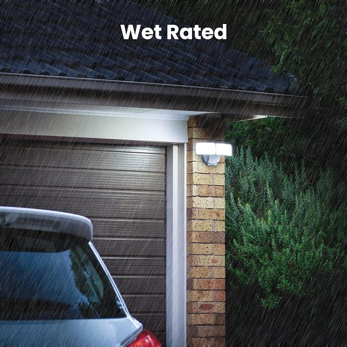Feit Electric LED Motion Sensor Flood Light, 2000 Lumens Dual-Head Security Light, 5CCT (2700K–6500K), Dusk to Dawn Outdoor Light, Adjustable Brightness, Weatherproof Wall/Eave Mount, S9DFL/5CCT/MM/WH