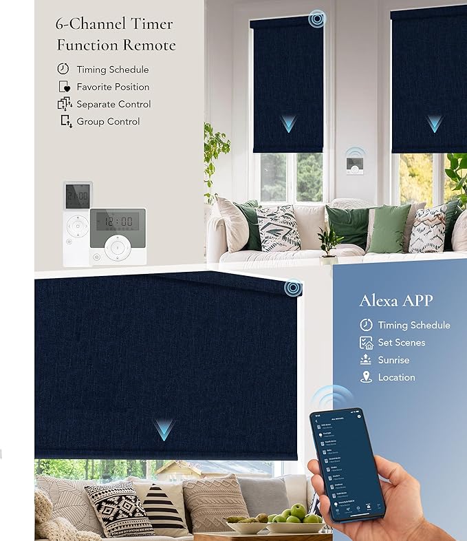 Motorized Blinds Compatible with Alexa Google 100% Blackout Smart Blind Automatic Window Roller Shades Remote Control Custom Size Double-Sided Fabric Blue