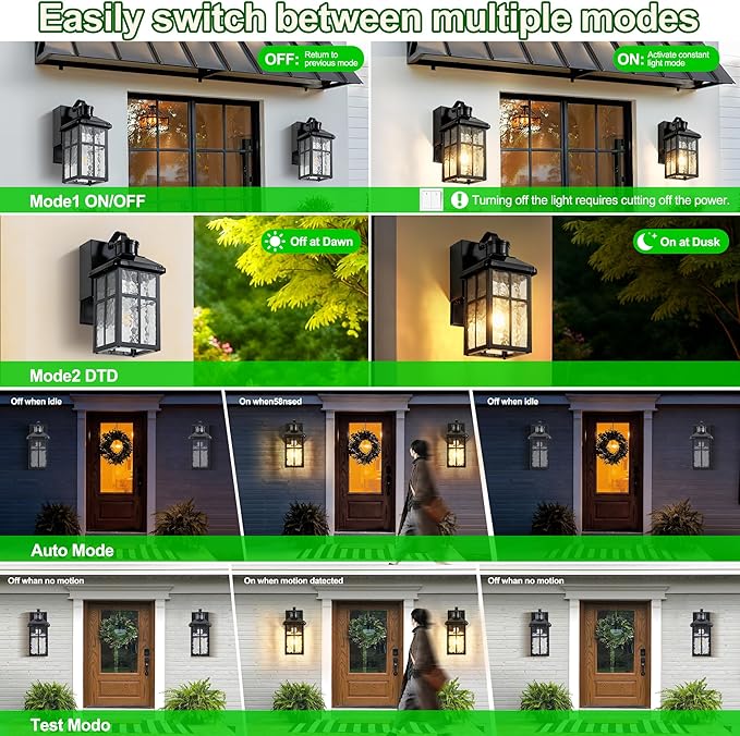 2 Pack Porch Light with Outlet and Remote Control - Plug in Outdoor Wall Lights with GFCI Exterior Lighting Fixtures Adjustable 3 Sensitivity Levels and 1-10min Delay for Porch, Patio, Entryway(White)