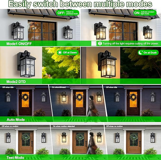 Porch Light with Outlet and Remote Control - Plug in Outdoor Wall Lights with GFCI Exterior Lighting Fixtures Adjustable 3 Sensitivity Levels and 1-10min Delay for Porch, Patio, Entryway(Black)