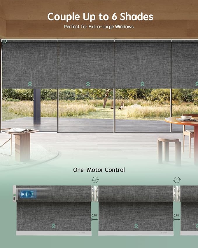 Yoolax Smart Coupled Roller Shades Compatible with Alexa Google, Motorized Blinds with Remote Blackout Coupled Roller Shades for X-Large Windows, Custom Size (XL Coupled-Dark Gray)