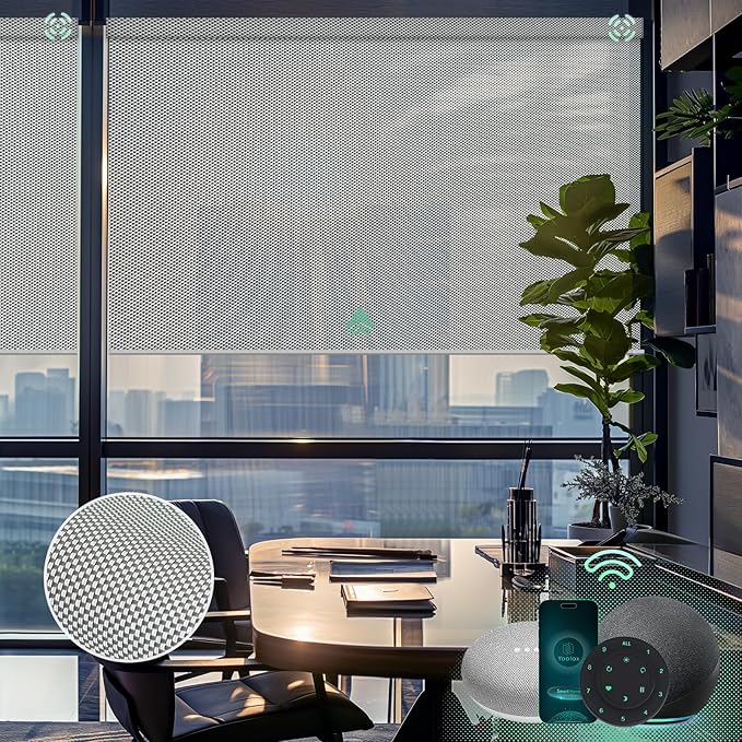 Yoolax Motorized Solar Shades Light Filtering Motorized Blinds with Remote Smart Blinds Work with Alexa, Google, Flame Retardant Roller Shades for Windows, Customized (3% Openness Greyish White)