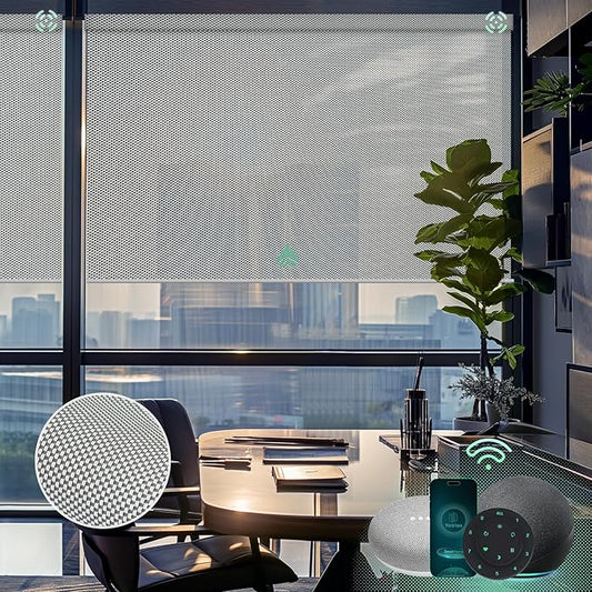 Yoolax Motorized Solar Shades Light Filtering Motorized Blinds with Remote Smart Blinds Work with Alexa, Google, Flame Retardant Roller Shades for Windows, Customized (3% Openness Greyish White)