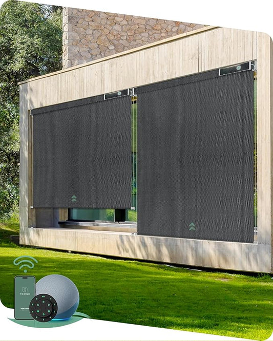 Yoolax Customized Motorized Outdoor Shades, Smart Blinds Compatible with Alexa Google, Remote Control Waterproof Blinds for Patio Porch Windows Outside (Blackout Black)