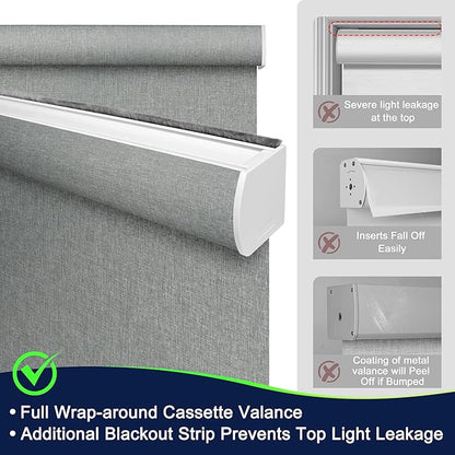 BERISSA Motorized Blinds with Remote,Light Filtering Smart Blinds for Windows,Linen Fabric,Remote Control,Thermal Insulated Automatic Blinds,Electric Blinds with USB/Solar Pannel.Linen Grey