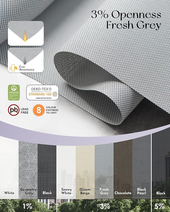 Graywind Motorized Outdoor Shades for Patio Compatible with Alexa Google Smart Sun Shades Exterior Solar Powered Blinds Electric Roller Shades Outside, Custom Size (3% Openness Fresh Grey)
