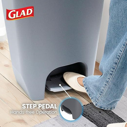 Glad Kitchen Trash Can | Large Plastic Waste Bin with Odor Protection of Lid | Hands Free with Step On Foot Pedal and Garbage Bag Rings, 13 Gallon, Grey