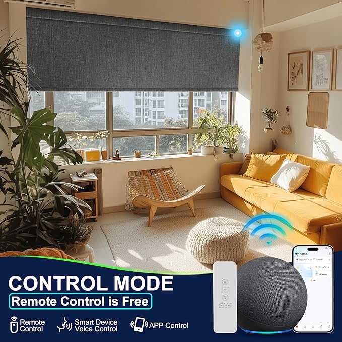 BERISSA Motorized Blinds with Remote,Blackout Smart Blinds for Windows,Linen Fabric,Remote Control,Thermal Insulated Automatic Blinds,Electric Blinds with USB/Solar Pannel.Dark Grey