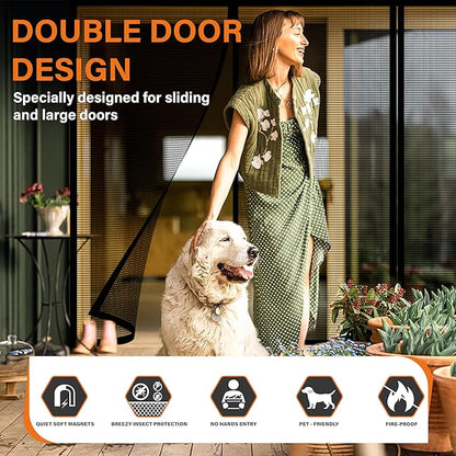 Double Door Fiberglass Magnetic Screen Door，Screen Door Mesh，Keep Bugs Out, Heavy-Duty Mesh Curtain,Pet and Kid Friendly, Works with Front Doors, Sliding Doors（72x80 Inch