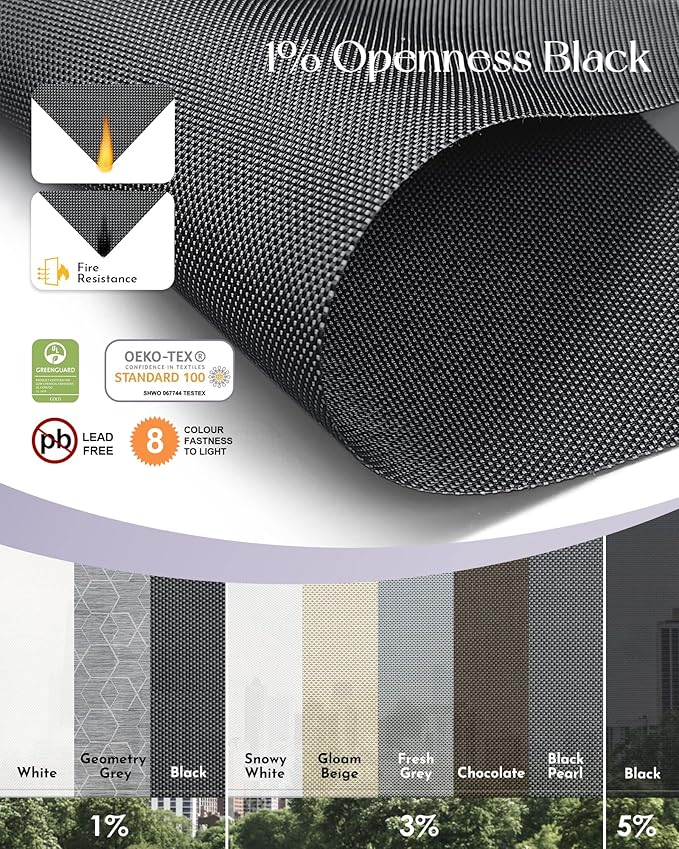 Graywind Motorized Outdoor Shades for Patio, Work with Alexa & Google, Solar Powered Electric Roller Shades for Outside, Custom Size (1% Openness, Black)