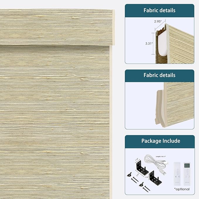 Motorized Roman Woven Woods Shades Work with HomeKit/Alexa/Google Home, Cordless Motorized Roman Shades,Electric Roman Blinds Custom Size,Crocheting Pale