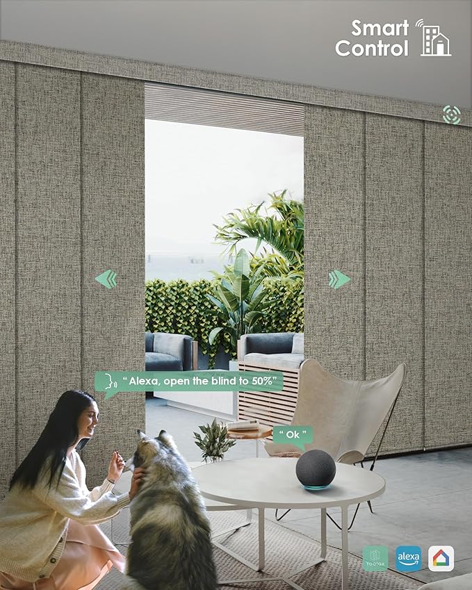 Yoolax Custom XL Smart Sliding Door Blinds, Motorized Sliding Panel Blinds Compatible with Alexa, Fabric Blackout Vertical Rechargeable Battery Shades for Glass Doors(Caramel Gold)