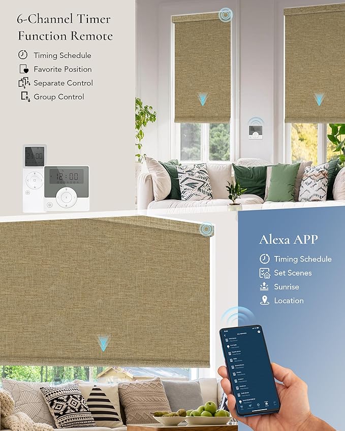 Motorized Blinds Compatible with Alexa Google 100% Blackout Smart Blind Automatic Window Roller Shades Remote Control Custom Size Double-Sided Fabric Coffee